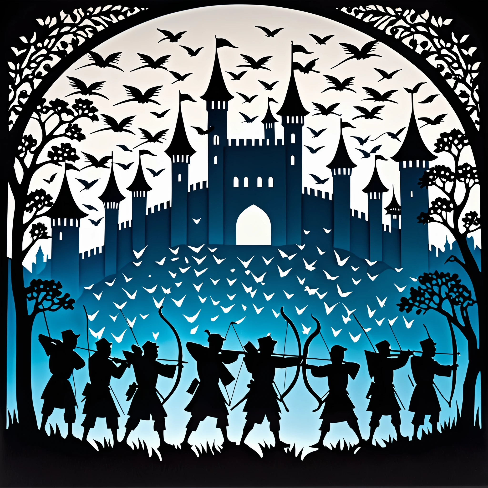 fusion of paper cutting and shadow puppetry, mix of monochrome and color, best quality, super fine, 16k, 2.5D, delicate and dynamic depiction, archers lined up on the castle walls, shooting arrows, arrows raining down on the enemy