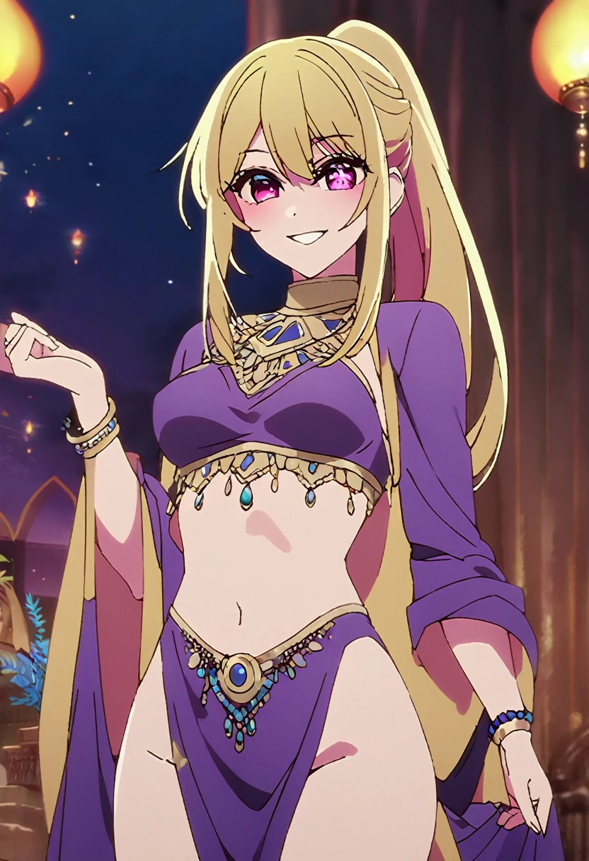 Blonde、Highest quality、high resolution、8K,Highest quality、Star-shaped pupil、The best smile、long hair、Pink Eyes、ponytail、Cowboy Shot、One person、Arabian Nights