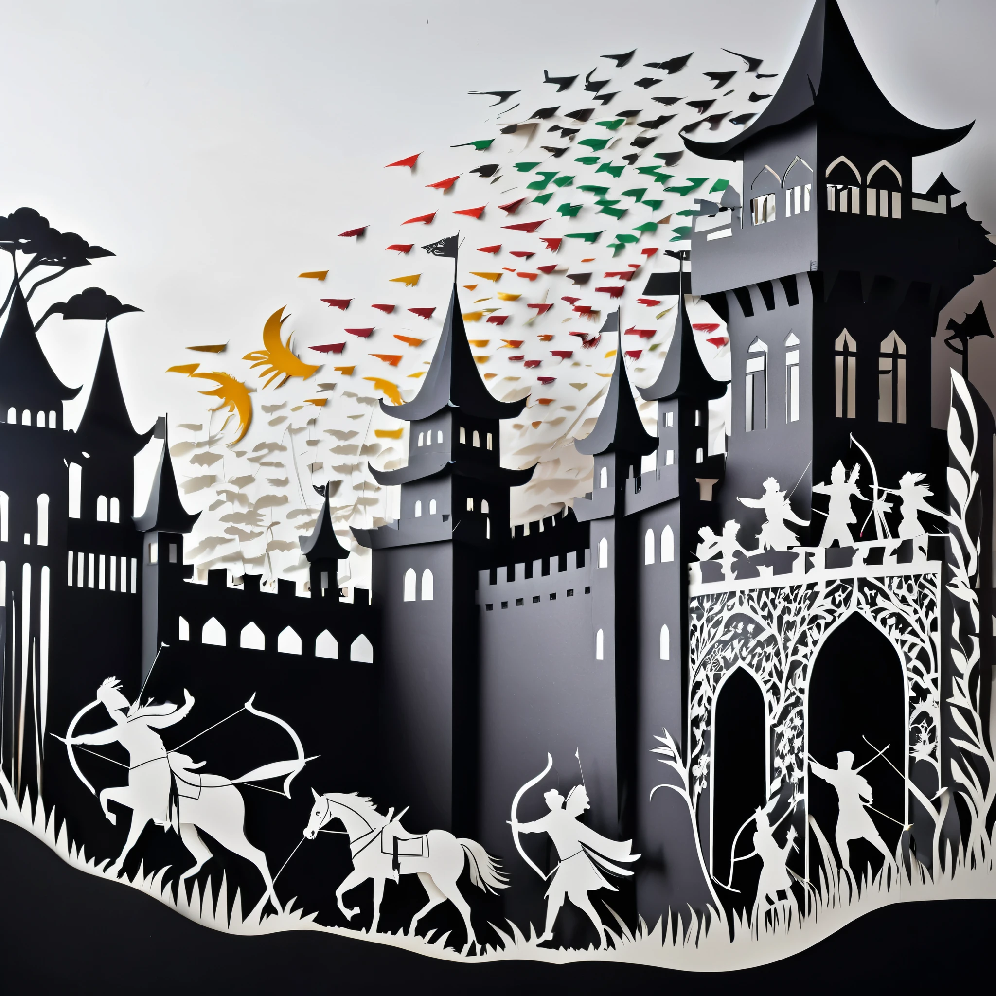 fusion of paper cutting and shadow puppetry, mix of monochrome and color, best quality, super fine, 16k, 2.5D, delicate and dynamic depiction, archers lined up on the castle walls, shooting arrows, arrows raining down on the enemy