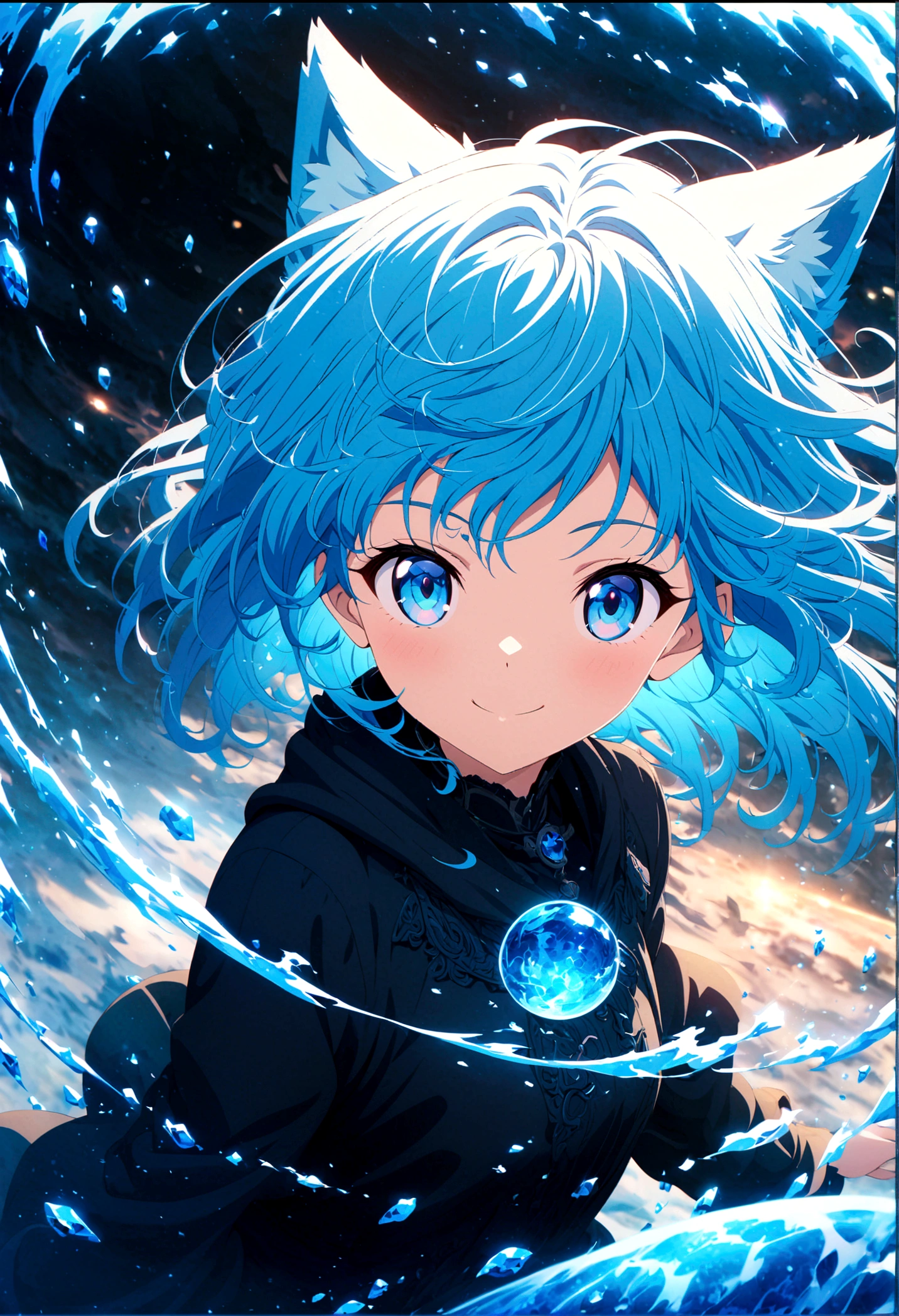 Anime style, ultra-detailed, 8K CG, blue-haired girl, smile, blue world, mysterious blue objects floating.