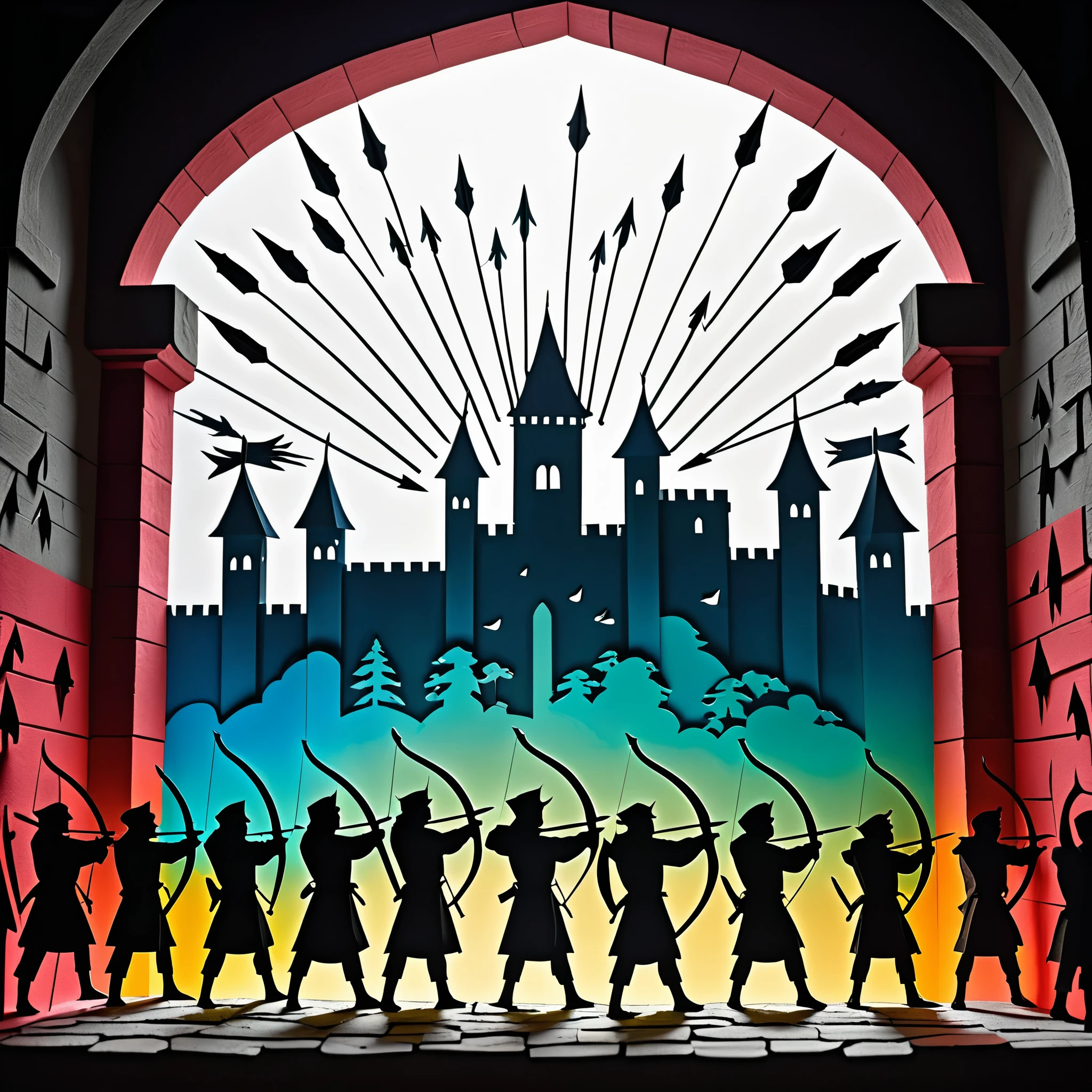 fusion of paper cutting and shadow puppetry, mix of monochrome and color, best quality, super fine, 16k, 2.5D, delicate and dynamic depiction, archers lined up on the castle walls, shooting arrows, arrows raining down on the enemy