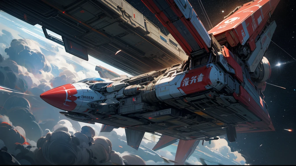 A cool-looking spaceship hovers in the universe,The Chinese flag is printed on it,Strange shape,The appearance is ferocious,Good lighting atmosphere,Rich in details