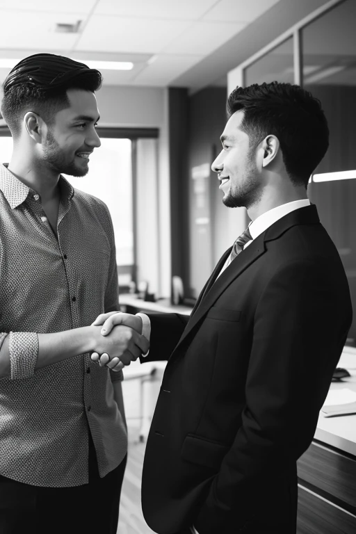 Two men are shaking hands in an office.
Black and white photograph.