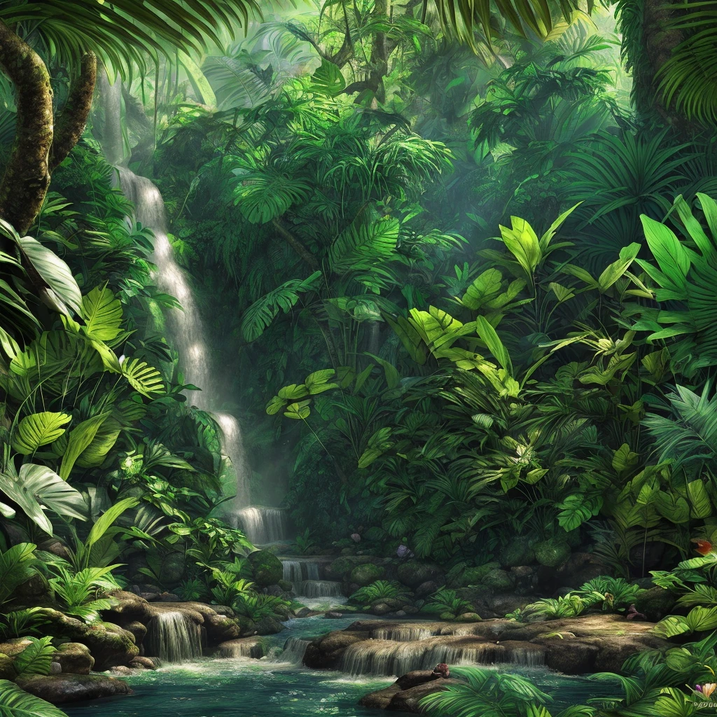 a lush tropical rainforest, dense foliage, towering trees, vibrant green leaves, sunlight filtering through the canopy, colorful birds and butterflies, a flowing river or waterfall, detailed realistic rendering, photorealistic, 4k, high quality, masterpiece, cinematic lighting, dynamic composition, stunning colors, vivid details