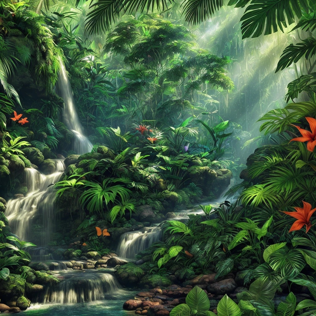 a lush tropical rainforest, dense foliage, towering trees, vibrant green leaves, sunlight filtering through the canopy, colorful birds and butterflies, a flowing river or waterfall, detailed realistic rendering, photorealistic, 4k, high quality, masterpiece, cinematic lighting, dynamic composition, stunning colors, vivid details