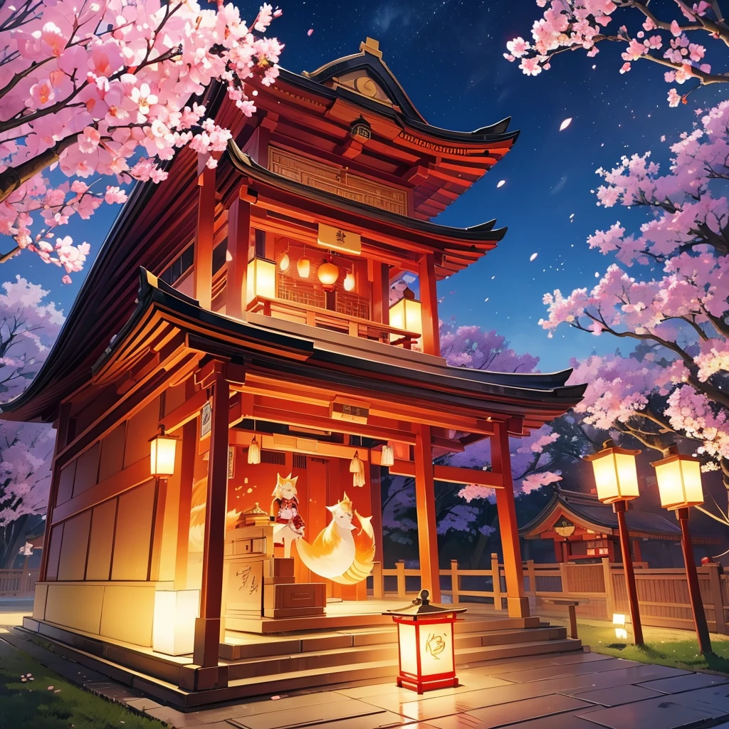 lantern festival, kitsune people releasing lanterns into the sky, shrine, there all happy, cherry blossom trees, female kitsune, lanterns in sky