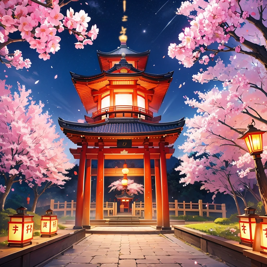 lantern festival, kitsune people releasing lanterns into the sky, shrine, there all happy, cherry blossom trees, female kitsune, lanterns in sky