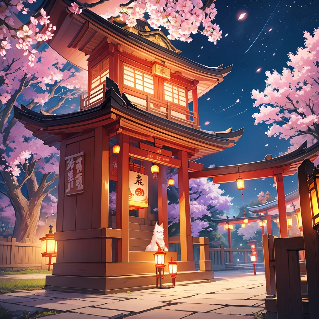 lantern festival, kitsune people releasing lanterns into the sky, shrine, there all happy, cherry blossom trees, female kitsune, lanterns in sky