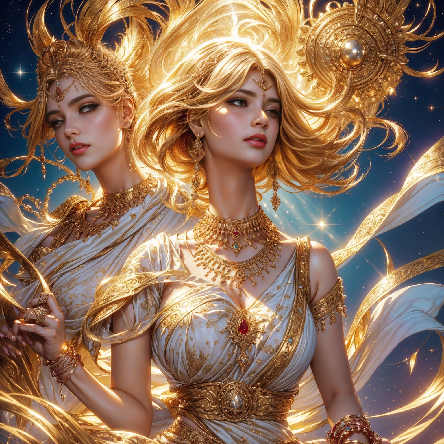 Woman in traditional Indian costume ,See the waist,gold jewelry,with gold necklaces and gems, Argerm julie bell beeple, extremely detailed Argerm, Argerm style, Argerm detailed, Argerm. anime illustration, style of Argerm, Argerm on artstation pixiv, beautiful heavenly mage, Argerm art, in style of Argerm