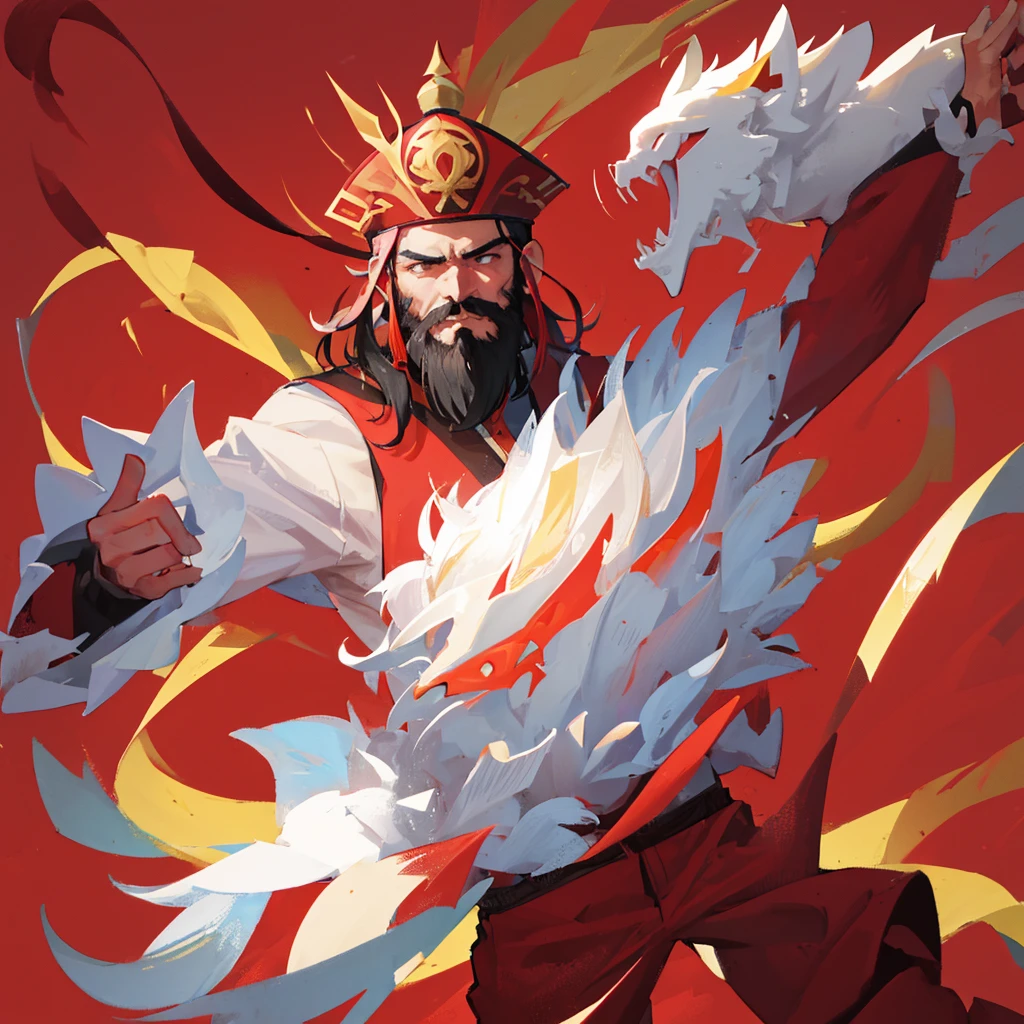 A Chinese male，Beard，Chinese Kongfu，((Pure red background))