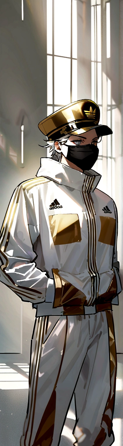 アニメ, masculine, best qualityer, Lean, work of art,White hair, White colored eyes,white and gold adidas outfit and face mask, white and gold captain'Hat