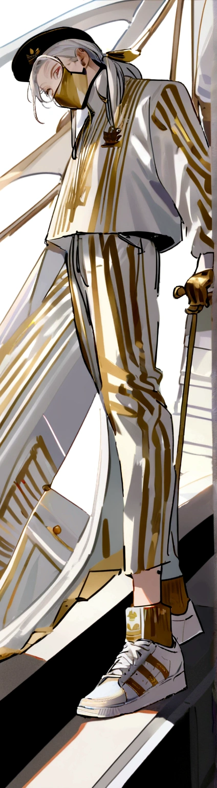 アニメ, masculine, best qualityer, Lean, work of art,White hair, White colored eyes,white and gold adidas outfit and face mask, white and gold captain&#39;Hat