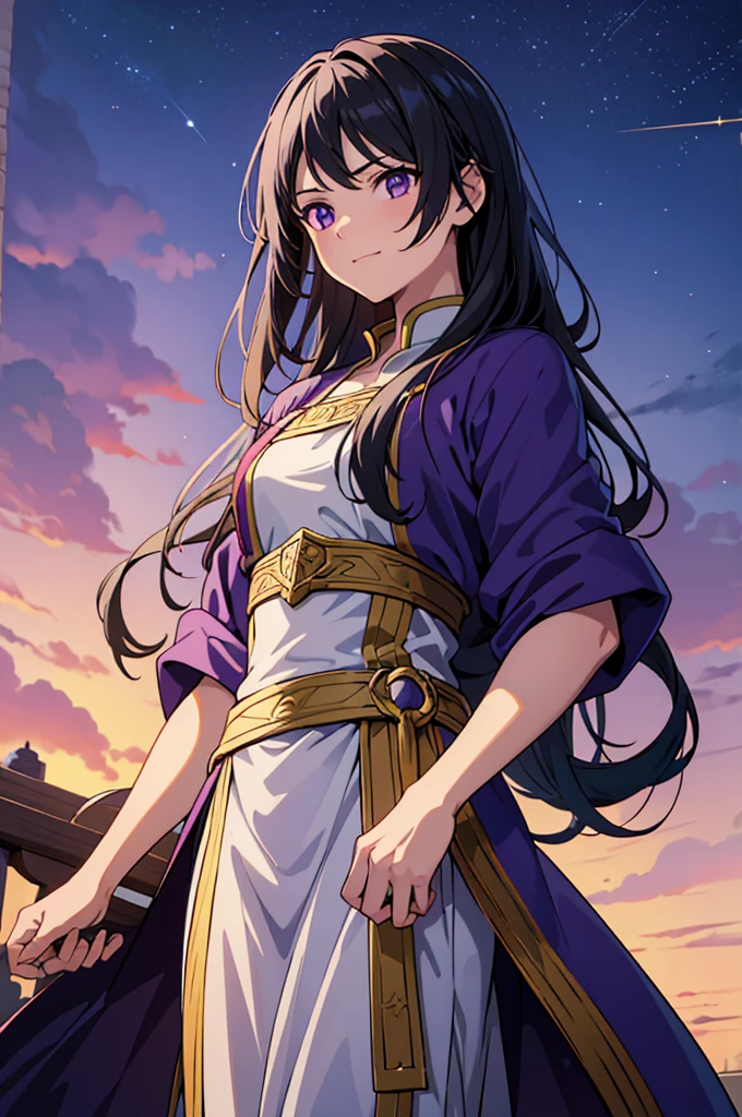 Highest quality, masterpiece, High resolution, alone, (Fire Emblem Ayla),(Genealogy of the Holy War),Evening sky_background,Young Girl,(smug face),(black_Hair Color), 4K, masterpiece,, alone, 1,whole body,looking at the camera, Fumaru,(purple_coat)Sharp Eyes,(Long Spear)(Full Finger), (Accurate fingertips), (The finer details), (Anatomically correct), (映画のbackground), Hyper Detail, (Subtle details), (Intricate details)