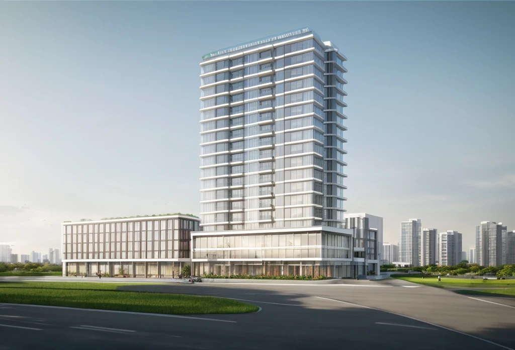 (masterpiece, best quality:1.2), rendering of a modern office building with a large sign on the top, (landscape), (city) , shophouse, modern lush condo as shopfront, wide angle exterior 2022, photo from 2022, full building, architectural rendering, mantra rendering, precise architectural rendering, residential, full - view, realistic building, realistic architecture
