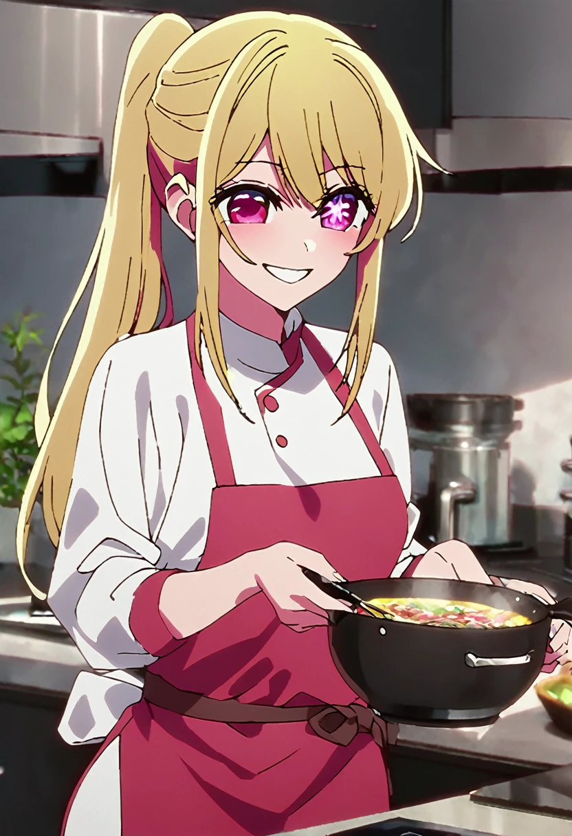 Blonde、Highest quality、high resolution、8K,Highest quality、Star-shaped pupil、The best smile、long hair、Pink Eyes、ponytail、Cowboy Shot、One person、Cook