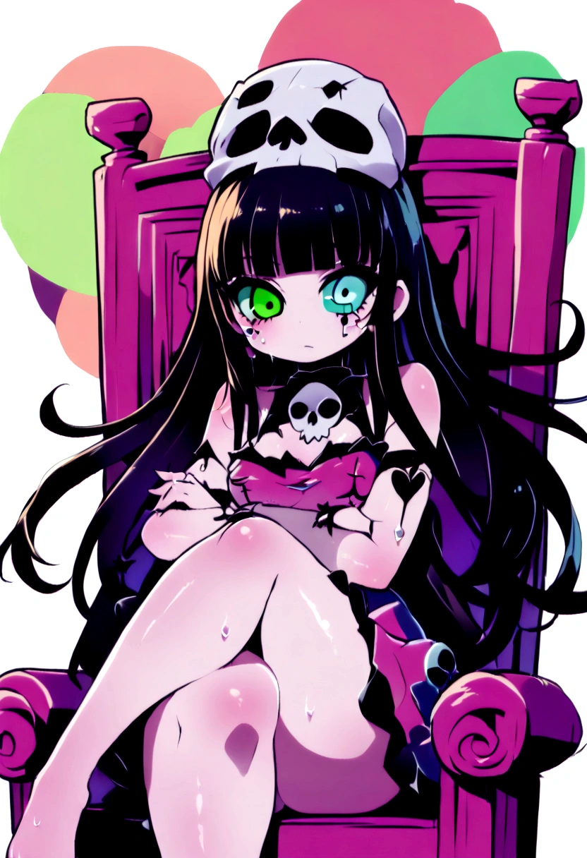 Black Hair、Black Feather、Gothic punk dress、Legs sticking out,Sit on a chair, Crossing your legs、Throne,anime zombie witch design, Crossbones, skull, Streetwear Design, Provector, Horror Style, Full Design, Only 6 colors, Solid Colors, No Shadow, Full Design, Stickers, Bright colors, White Background.Ultra-fine illustrations,(((Beautiful fine hair))),(((Beautiful Faces))),(((Beautiful background))),(((Beautiful fine hair))),(((Beautiful Faces))),(((Beautiful background)))、Black Hair、Blunt bangs,Undershot((Right hand white eye,Left eye purple)),Otto Eyes