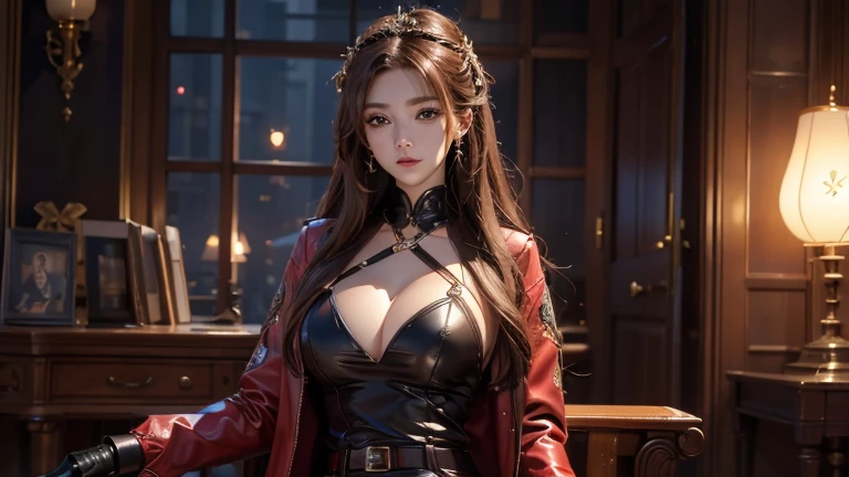 (8k, best quality, masterpiece: 1.2), highly detailed, Masterpiece, realistic lighting, masterpiece, best quality, masterpiece, official artwork, highly detailed 8k unity CG wallpaper, beautiful eye details, sharp and beautiful eye highlights, long hair, reddish polish, woman wearing a purple jacket and brown leather trousers, large and beautiful breasts, wearing leather boots, gloves, tied hair ornament, watch, leather belt.