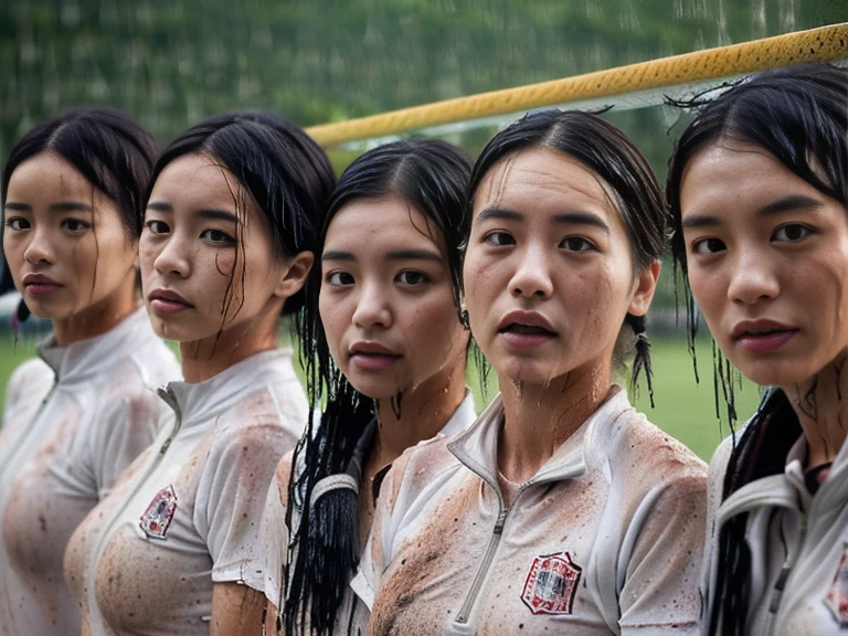 (A plain white short sleeved dirt stained field hockey uniform with a very tight white half zip:1.7)、(A large, dirt-stained, white, square collar: 1.6)、(Red clay ground:1.5)、My hair is wet and messy、(Beautiful Japanese woman covered in dirt:1.8)、Highest quality, masterpiece, Ultra-high resolution, Photorealistic, Raw Photos,Detailed face,(Muscular woman:1.4), (Fastener open: 1.8), (Upper body zoom up:1.0),(Everyone wears the same clothes:1.0), All members are super beauties, (Three beautiful Japanese women standing in a row facing the camera: 1.5), (Hair tied up: 1.4), (Exhausted expression: 2.0), Bright photo, (My whole body is drenched in rain: 1.7)
