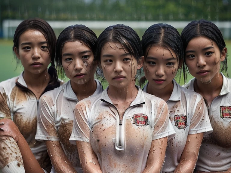 (A plain white short sleeved dirt stained field hockey uniform with a very tight white half zip:1.7)、(A large, dirt-stained, white, square collar: 1.6)、(Red clay ground:1.5)、My hair is wet and messy、(Beautiful Japanese woman covered in dirt:1.8)、Highest quality, masterpiece, Ultra-high resolution, Photorealistic, Raw Photos,Detailed face,(Muscular woman:1.4), (Fastener open: 1.8), (Upper body zoom up:1.0),(Everyone wears the same clothes:1.0), All members are super beauties, (Three beautiful Japanese women standing in a row facing the camera: 1.5), (Hair tied up: 1.4), (Exhausted expression: 2.0), Bright photo, (My whole body is drenched in rain: 1.7)