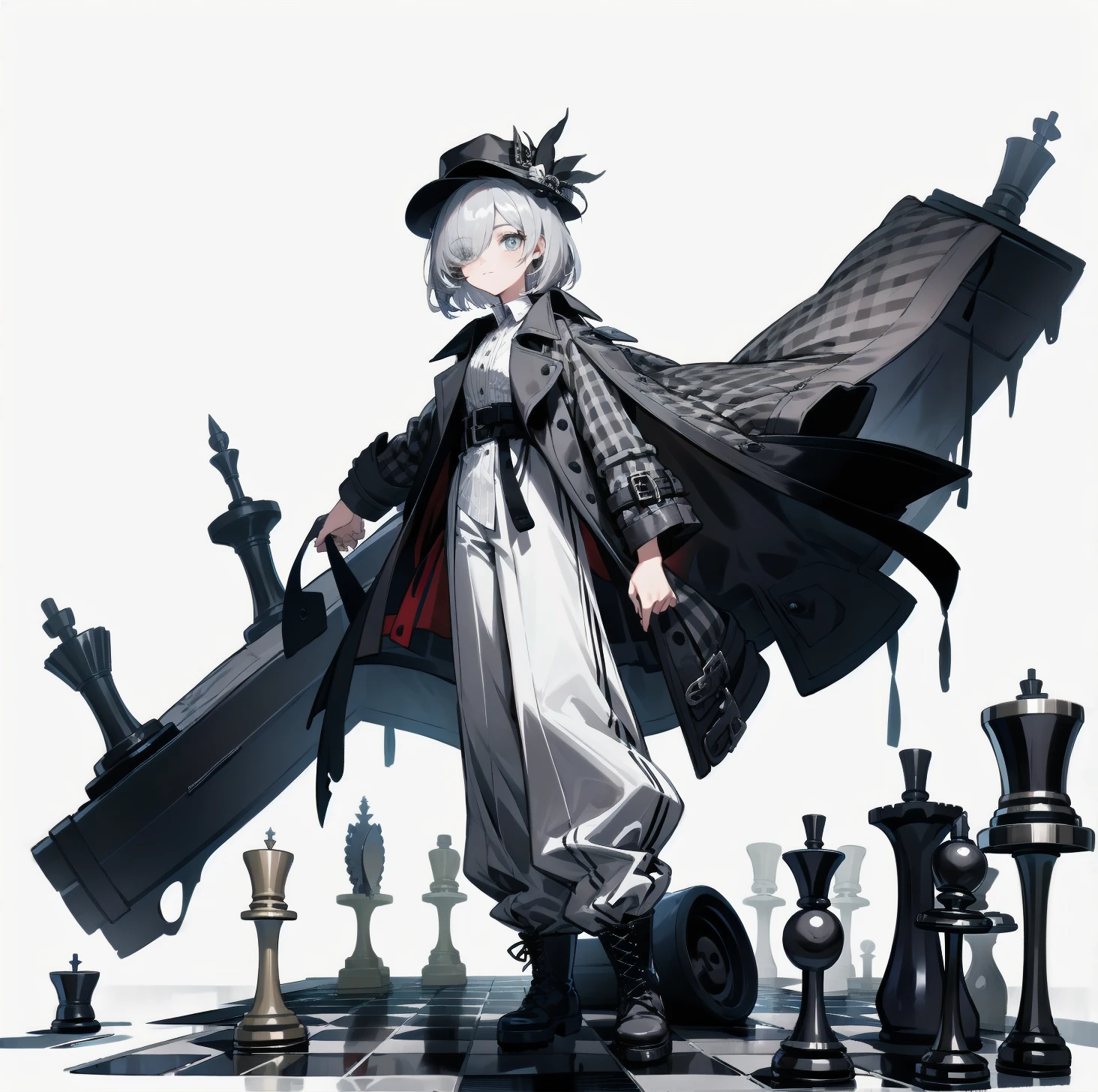 [(White background:1.15), ::2]solitary, Medium shot, whole body，High saturation girl，（Gray short hair），[White background 1::5]，Bangs cover one eye，（Standing on a giant chess board），The floor is covered with black and white diamond-shaped tiles，（（（White background1::5））），（（（beautiful eyes））），（（Facial depiction）），（（Delicate face）），hat，Grey plaid open flowing trench coat，White shirt，Long wide-leg pants，boots，扶hat，Dynamic hem，Western European city background