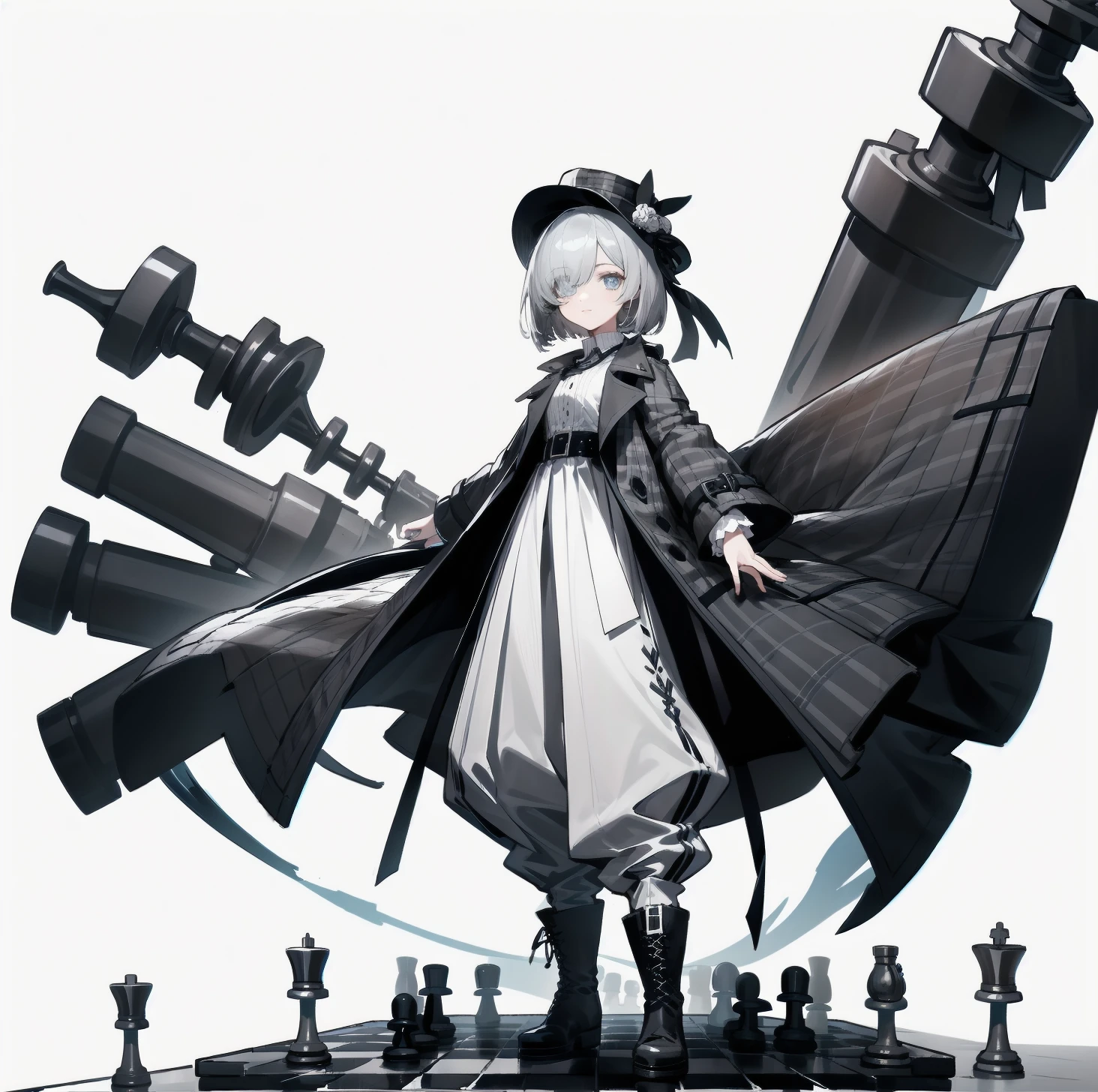 [(White background:1.15), ::2]solitary, Medium shot, whole body，High saturation girl，（Gray short hair），[White background 1::5]，Bangs cover one eye，（Standing on a giant chess board），The floor is covered with black and white diamond-shaped tiles，（（（White background1::5））），（（（beautiful eyes））），（（Facial depiction）），（（Delicate face）），hat，Grey plaid open flowing trench coat，White shirt，Long wide-leg pants，boots，扶hat，Dynamic hem，Western European city background