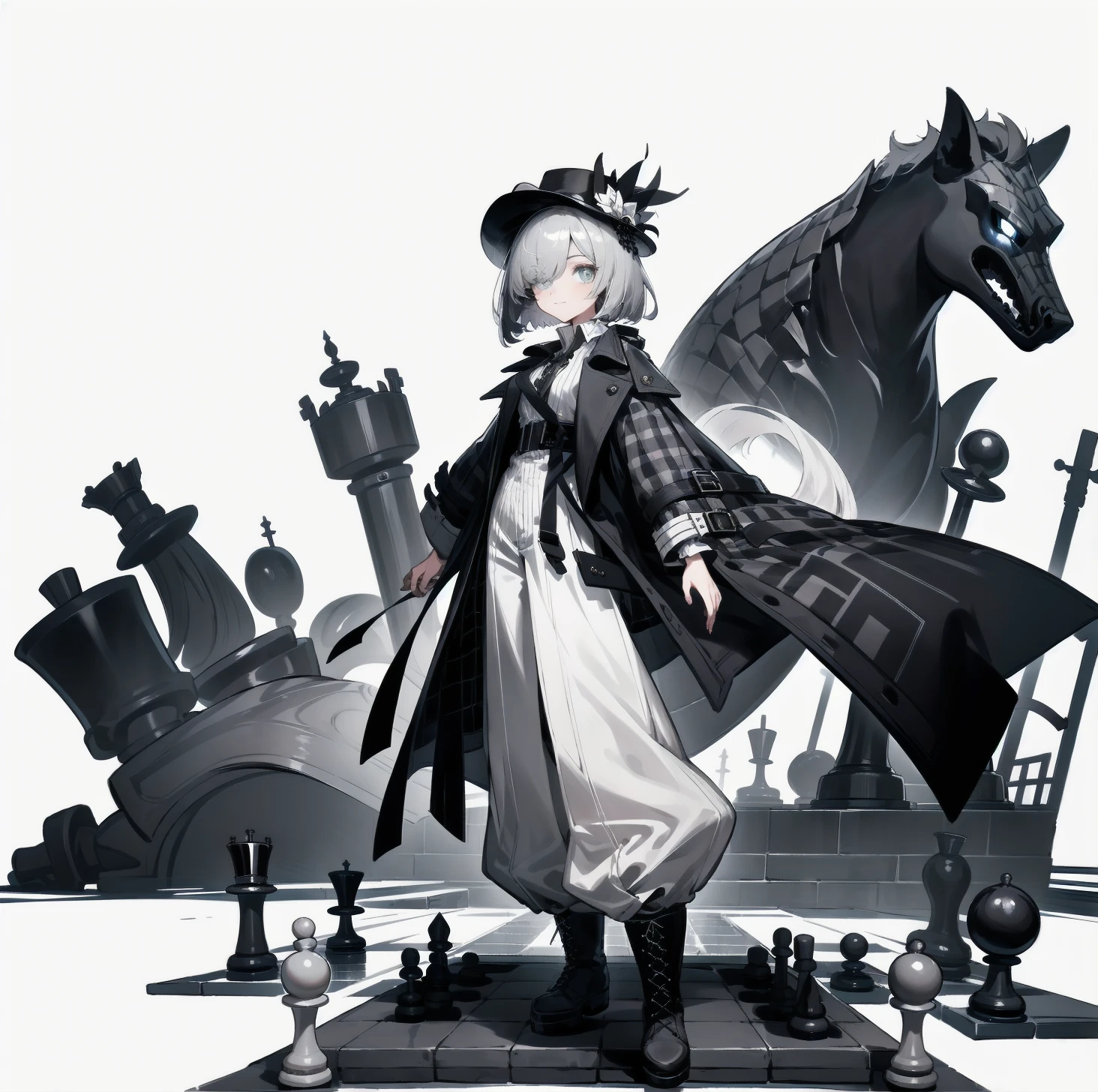 [(White background:1.15), ::2]solitary, Medium shot, whole body，High saturation girl，（Gray short hair），[White background 1::5]，Bangs cover one eye，（Standing on a giant chess board），The floor is covered with black and white diamond-shaped tiles，（（（White background1::5））），（（（beautiful eyes））），（（Facial depiction）），（（Delicate face）），hat，Grey plaid open flowing trench coat，White shirt，Long wide-leg pants，boots，扶hat，Dynamic hem，Western European city background