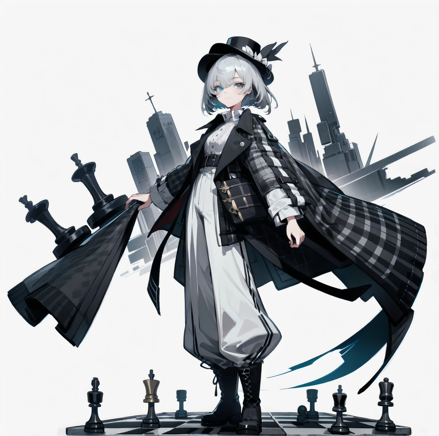 [(White background:1.15), ::2]solitary, Medium shot, whole body，High saturation girl，（Gray short hair），[White background 1::5]，Bangs cover one eye，（Standing on a giant chess board），The floor is covered with black and white diamond-shaped tiles，（（（White background1::5））），（（（beautiful eyes））），（（Facial depiction）），（（Delicate face）），hat，Grey plaid open flowing trench coat，White shirt，Long wide-leg pants，boots，扶hat，Dynamic hem，Western European city background