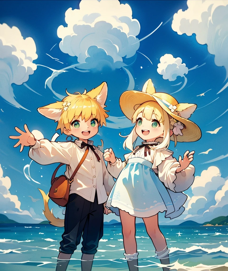 8k, Watercolour style, Watercolour pencil, Paper texture, MONAI$$STYLE$$, $$watercolour style$$, , $$masterpiece$$$, $$top quality 16k$$, and girl laughing facing each other. Beautiful scenic background in the sea.