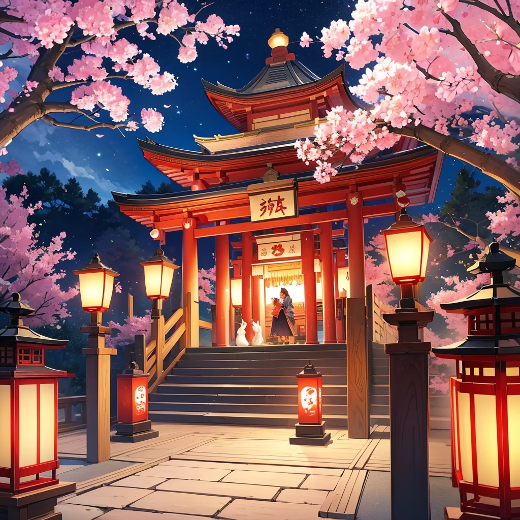 lantern festival, kitsune people releasing lanterns into the sky, shrine, there all happy, cherry blossom trees, female kitsune, lanterns in sky