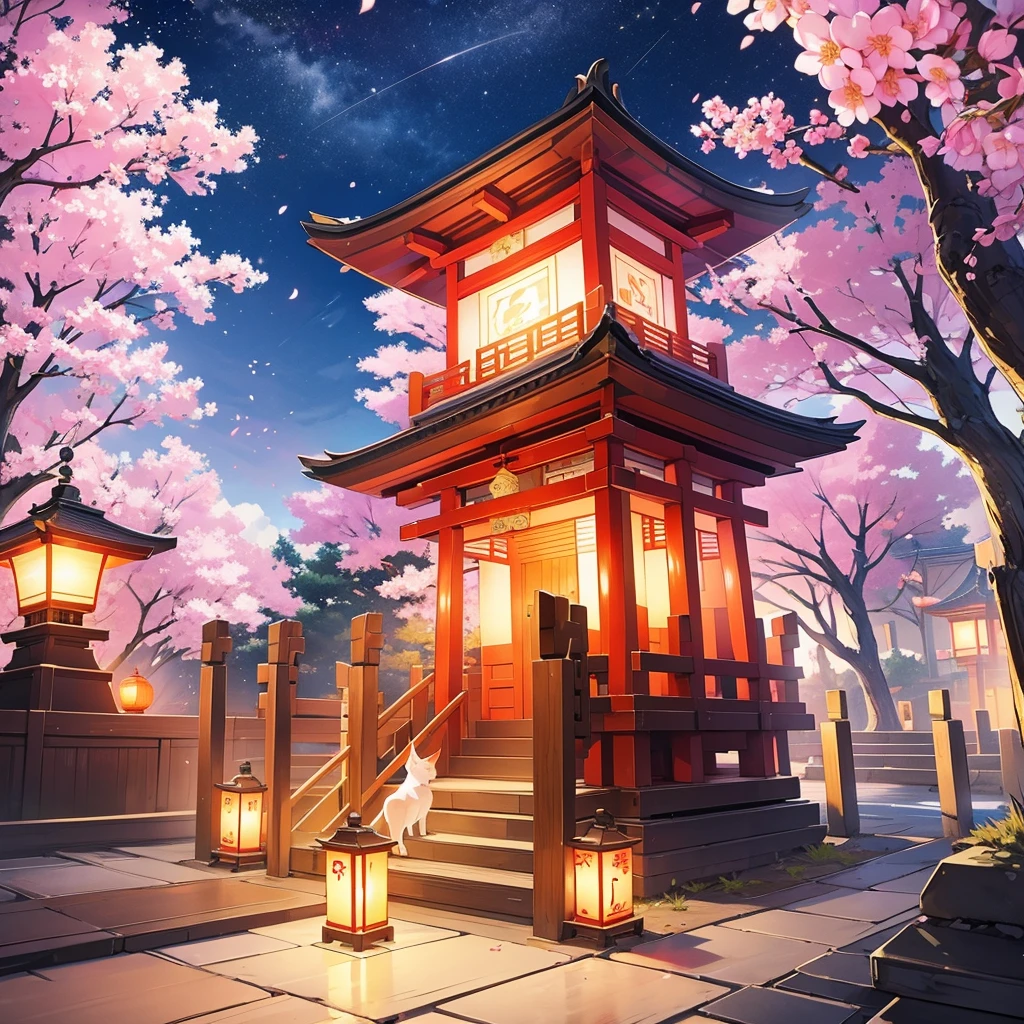 lantern festival, kitsune people releasing lanterns into the sky, shrine, there all happy, cherry blossom trees, female kitsune, lanterns in sky