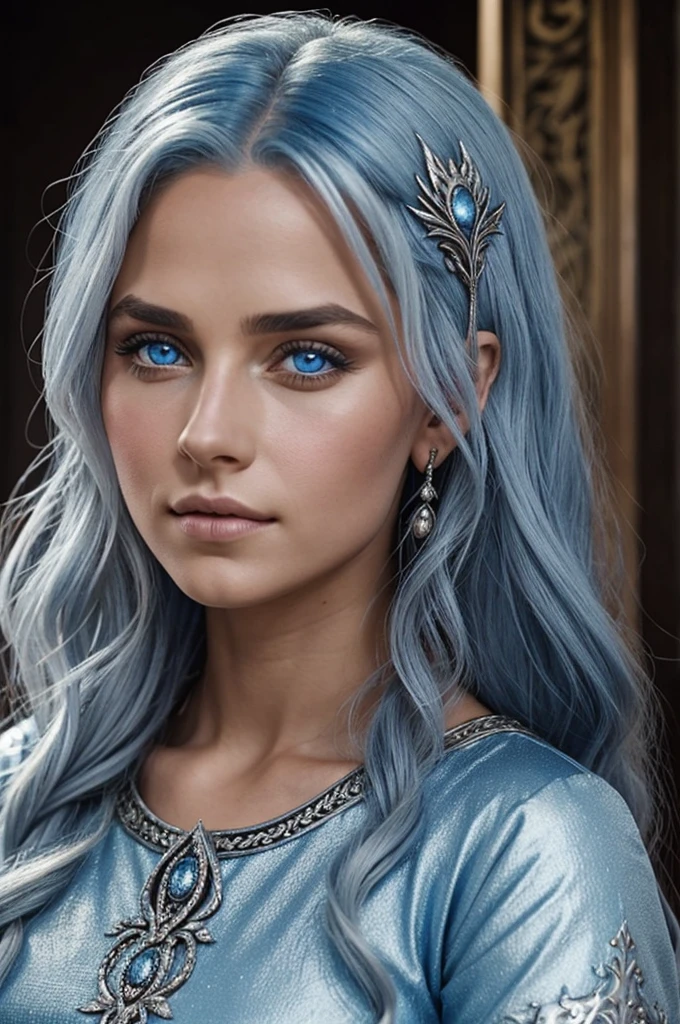 Fais moi la fille de Rhaenyra Targaryen (yeux bleus peau très clair) et de Ser Laenor Velaryon (yeux marrons peau métisse) . Her name is Laynerys Targaryen Velaryon, she has slightly tanned skin but has blue eyes and straight silver hair and looks a lot like her grandmother Queen Aelma Targaryen.