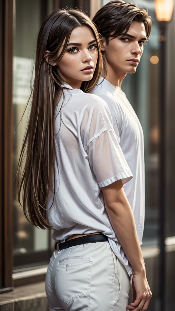 movie poster, butterfly, science fiction, movie, atmosphere, sky, male and female couple, blonde and long-haired woman, adult, (realism: 1.4), top quality, masterpiece, male, thin, (1 man, white loose shirt, black pants, viewer watch, brown hair, gray eyes, closed mouth, upper body), (idol face, Korean face, sharp eyeliner) (male), (face focus, potreit, Lightning in the movie, (light spring theme, short-haired man),((close-up of female face on background of man standing in foreground))
