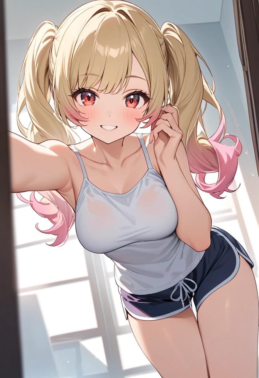 Gradient with pink tips,Blonde,Twin tails up to the shoulders,Red eyes,high school girl,A pleasant looking face,Slightly curled twin tails,medium breasts,steam,(selfie1.5),front view, (from below), Side bangs down to the collarbone with curls, With pink gradient tips,full body,dolphin shorts,White camisole, close to viewer,smile