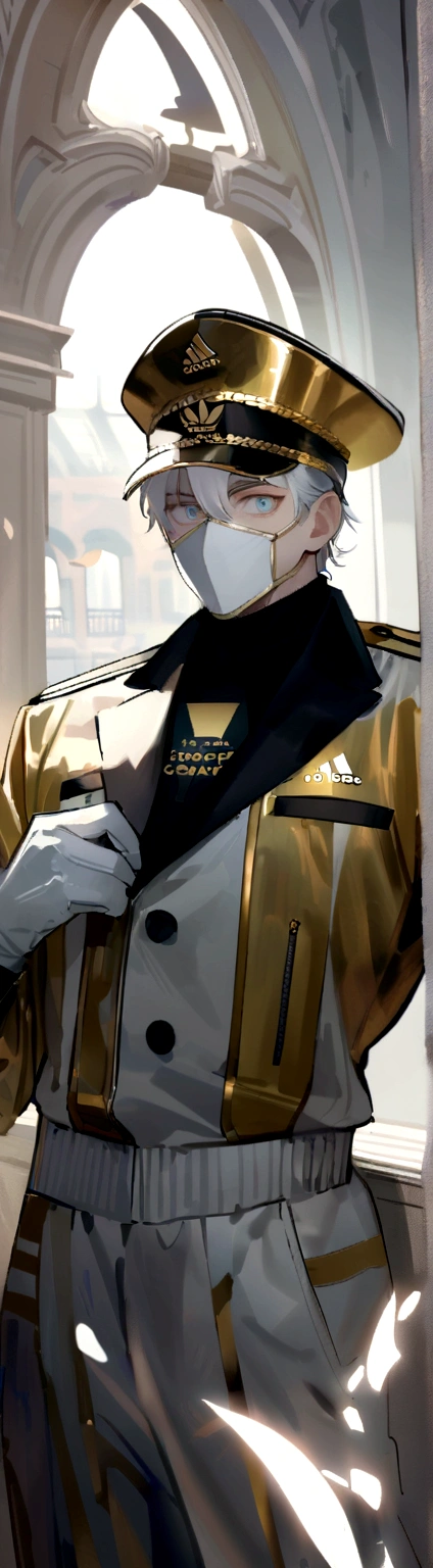 アニメ, masculine, best qualityer, Lean, work of art,White hair, White colored eyes,white and gold adidas clothing and white face mask, white and gold captain&#39;Hat