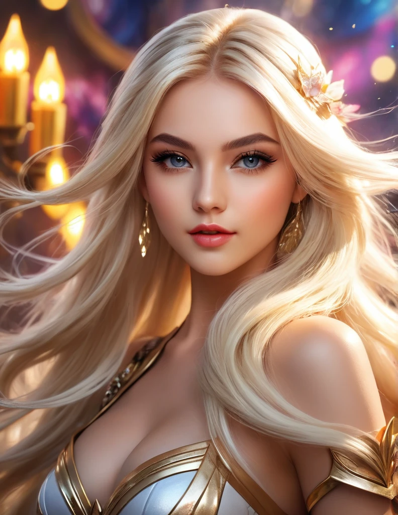 very attractive 25 year old girl with long platinum blonde hair, Makeup artists do makeup for celebritieasterpiece:1.2), Best Quality, Masterpiece, hight resolution, Original, extremely detailed wallpaper, perfect lighting,(extremely detailed CGI:1.2), Geourgeous woman, Splashart, League of Legends SplashArt, Art, Brush stroke, Masterpiece, 8K, Ultra Detailed, HD, ((Film grain, bokeh, light particles ,Dust, Extreme camera angle))