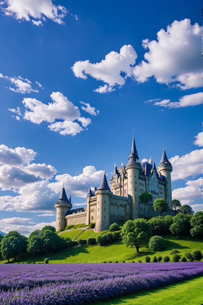 A beautiful castle landscape with beautiful blue and violet sky and beautiful majestic clouds