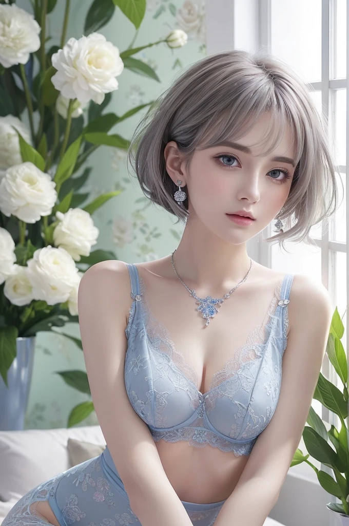 blue lace thong&Good, (((Very elegant and beautiful, Perfect detail, Super detailed))), whole body, The most detailed girl, Depth of written boundary, 美しく詳細なwhole body, Thin legs, 1 girl, 30 years old, Very short hair, Spiked Hair, Gray and silver hair, Beautiful detailed hair, Perfect Face, Expressionless, Beautifully detailed deep eyes, Open your mouth a little, Delicate arms and hands, Pale skin, Earrings, Beautiful and gorgeous necklace, Colorful background, HD background, Blurred Background, Very delicate and beautiful, Masterpiece, (((Highest quality, Very beautiful 8K CG wallpaper))), (((Trendy hairstyles))), (Inside the room,Stylish interior,window),
