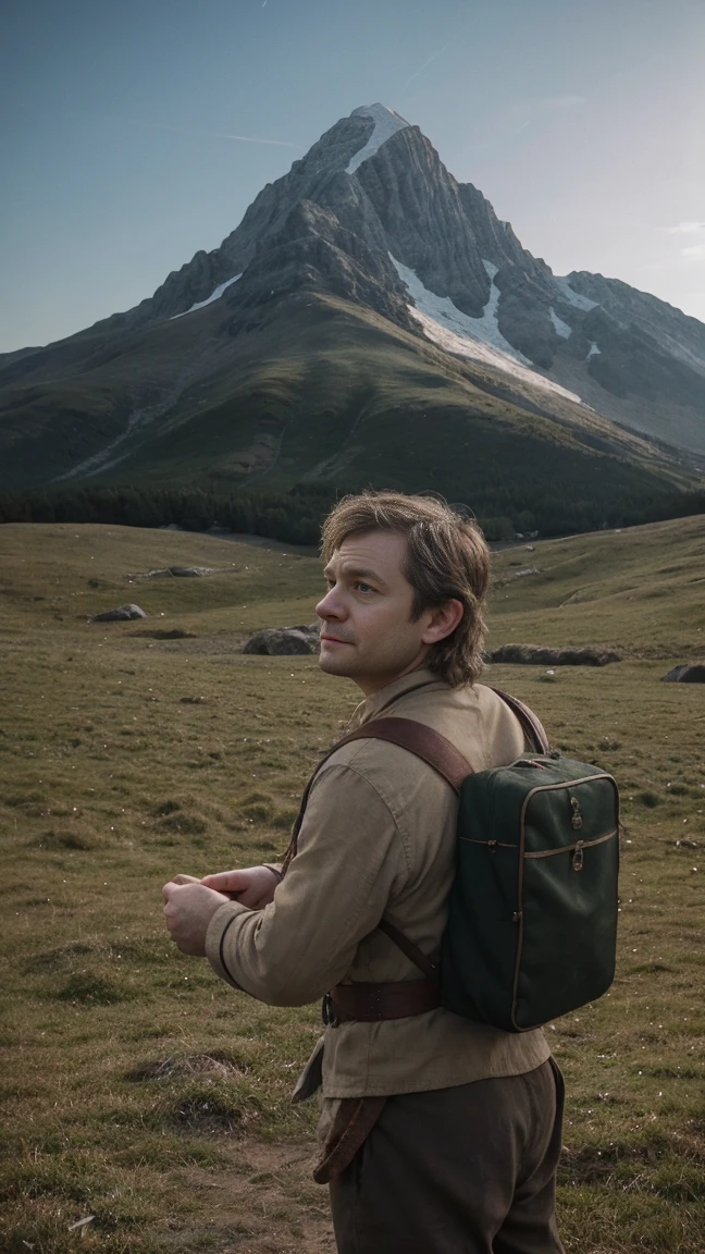 Martin Freeman as Bilbo Baggins or the Hobbit There and Back Again, barefoot, cinematic, with Mount Erebor in the background