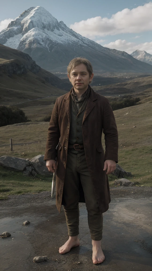 Martin Freeman as Bilbo Baggins or the Hobbit There and Back Again, barefoot, cinematic, with Mount Erebor in the background