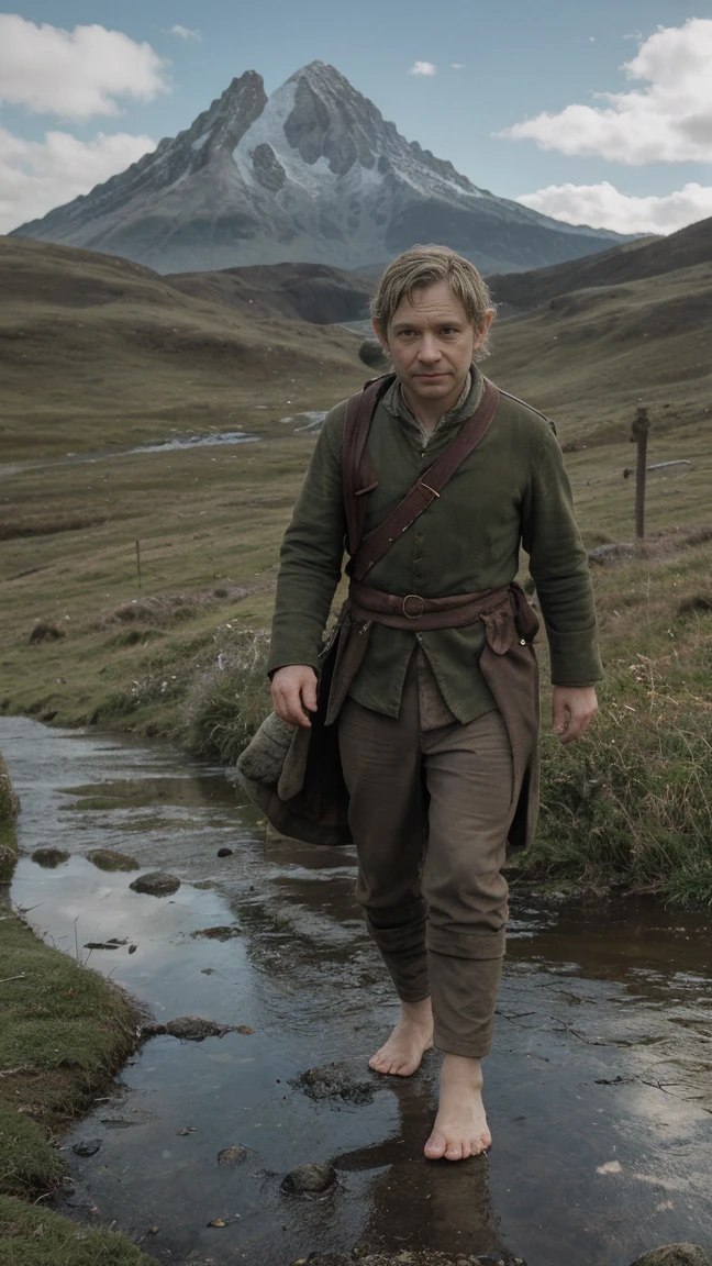 Martin Freeman as Bilbo Baggins or the Hobbit There and Back Again, barefoot, cinematic, with Mount Erebor in the background