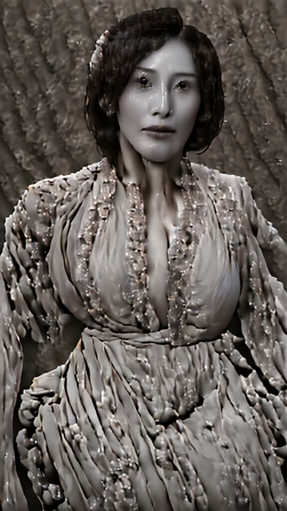 (((Ultimate Photorealistic, ultimate high-quality 32k photo))),(((An American-shot photo, look at viewer with lovely serious gaze))), (((a 43yo Japanese goddess actress. She has a very intelligent and ultimate beautiful and cute face. She has the perfect proportions of a goddess ,she is wearing a wet half sleeves matte beige classic elegant very racy one piece semi–long dress that fits her perfectly. Beautiful and intelligent black eyes, In elegant hotel classical very dark bar room , sitting bar stools, a very simple silver necklace, Her décolleté and hips are ultimate nice defined and beautiful,  Her skin is very white and ultimate smooth. Her whole body is  very soaked. Black elegant middle  bob, She is drenched in sweat and flushed after exercising, Masterpiece:1.8))), (((ultimate Extremely realistic detailed and beautiful depiction of the black eyes, face and décolletage, 32k)))