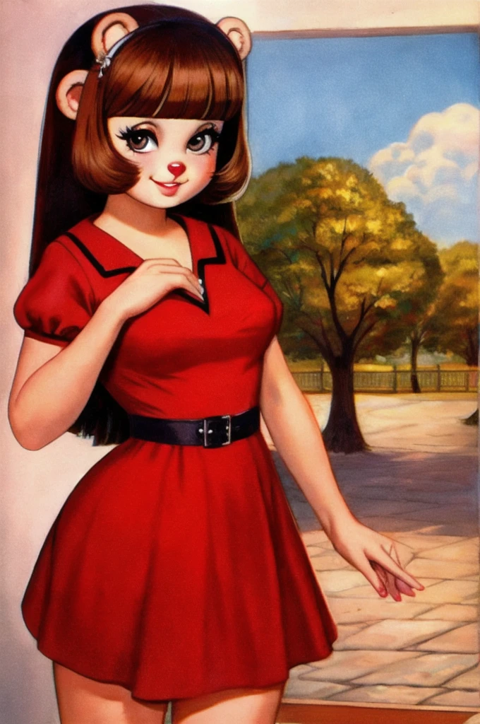 fashionable 60s young lady bear, red_dress, girlfriend, wife, cute pose
