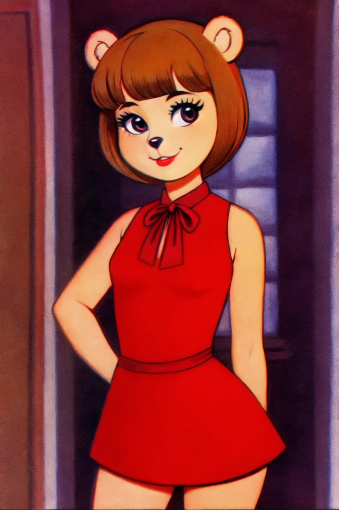 fashionable 60s young lady bear, red_dress, girlfriend, wife, cute pose