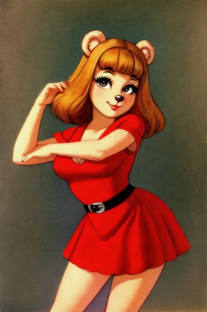 fashionable 60s young lady bear, red_dress, girlfriend, wife, cute pose