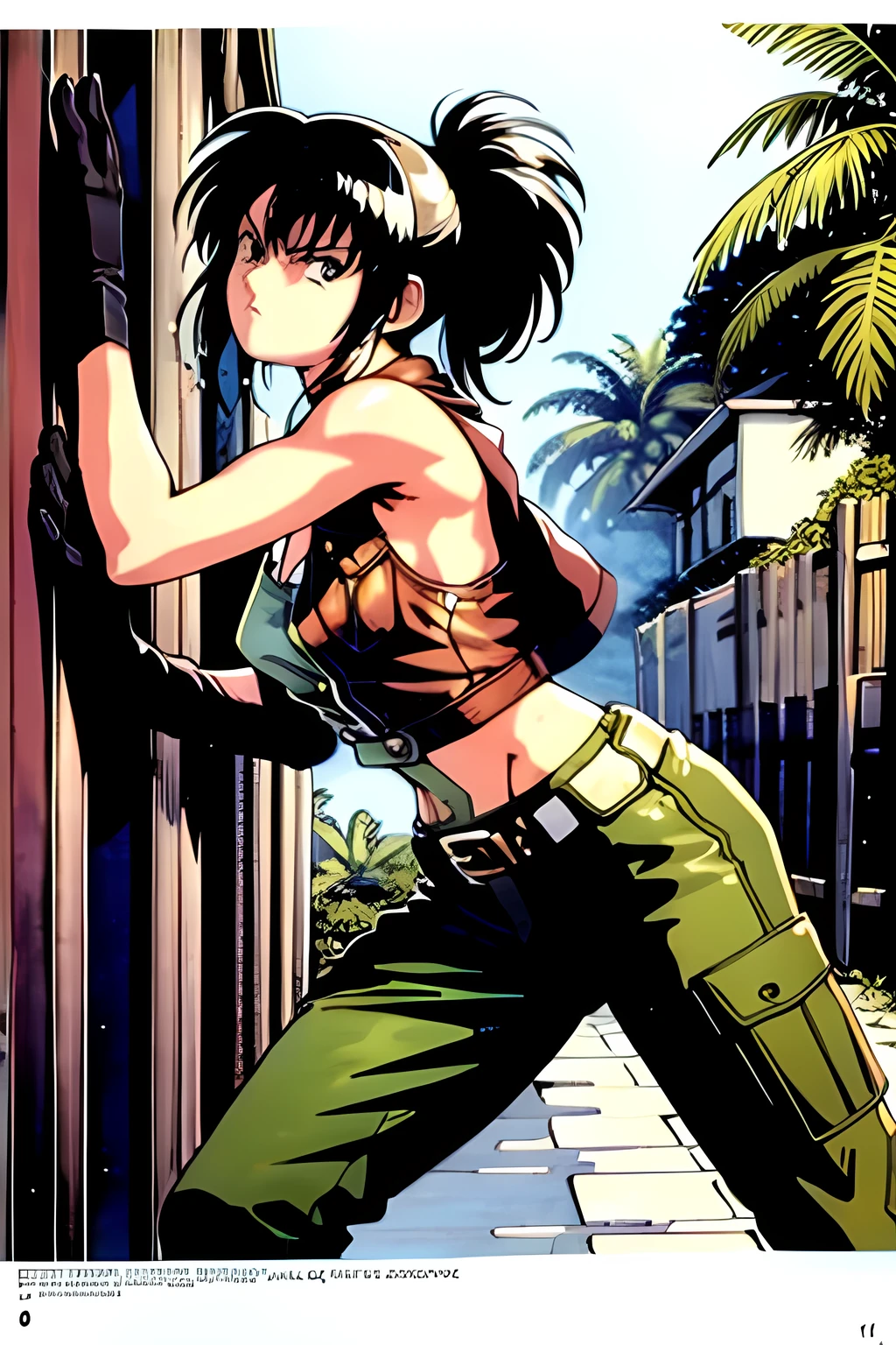masterpiece, best quality, anime 1990s \(style\, leona heidern, naked, fully open vest, pants ,jungle, pony tail, wet, serious, gloves, , sleeveless, metal slug, warfare , belt