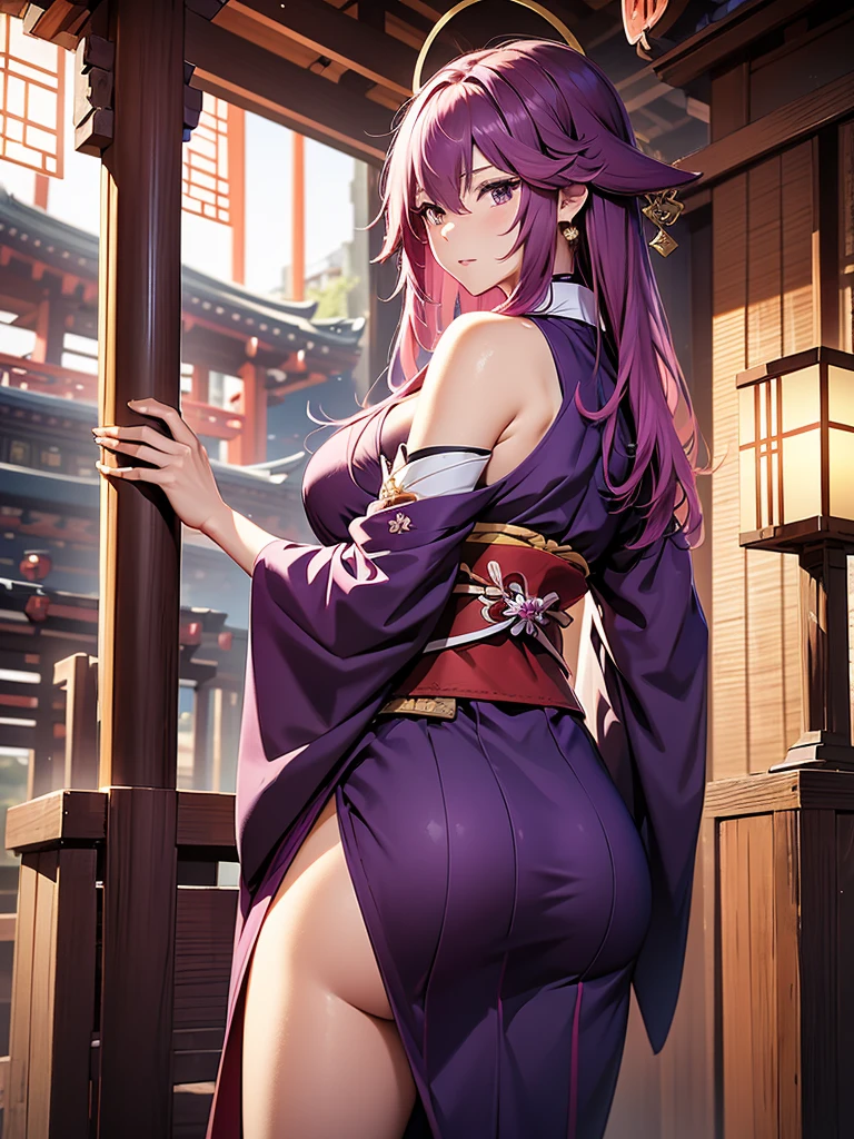 Yae miko, 1woman, wearing a long Japanese kimono, dark purple colour kimono, at a Japan shrine, large butt, back side look, pink colour hair, 8k, high detailed, high quality
