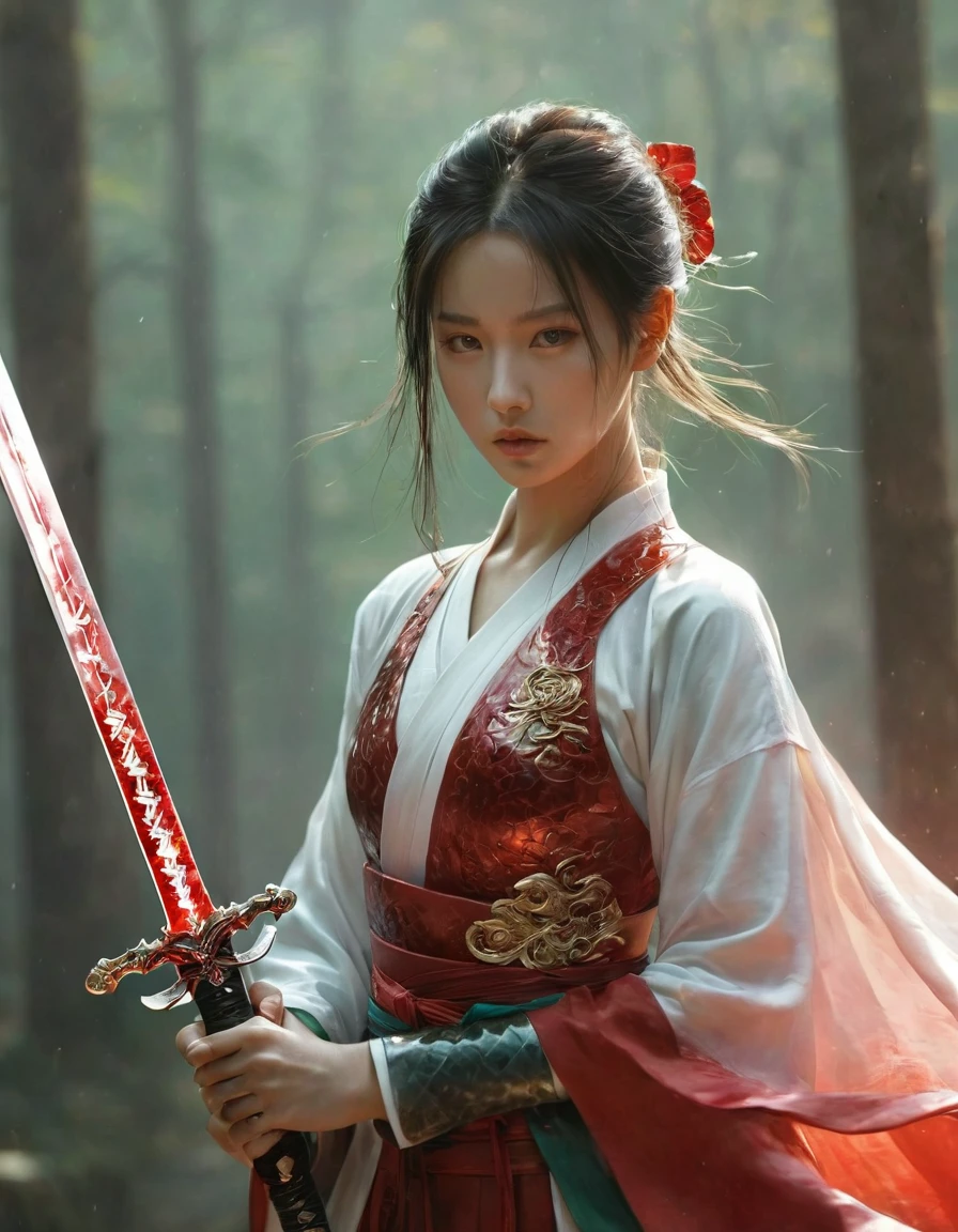 1 Beautiful Girl, Axisymmetric constitutively correct,alone,Female Swordsman,Holding the hilt of the sword in the hand,Each hand holds the hilt of a sword,Ruby Sword,Jade Sword, The blade shines,Front view, close, ((Highest quality)), ((masterpiece)), ((Realistic)),Ultra-high resolution,