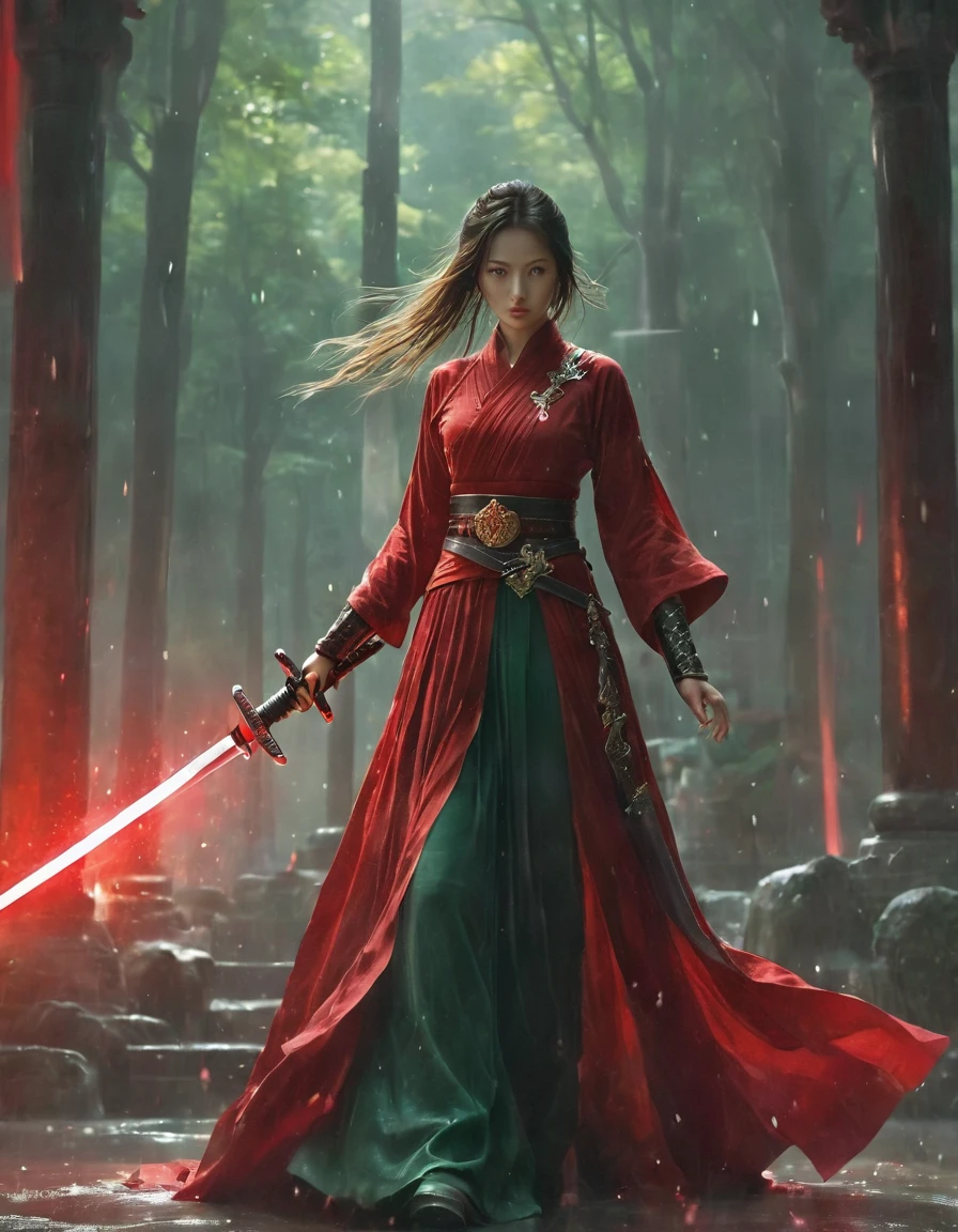 1 Beautiful Girl,  Axisymmetric constitutively correct，alone，Female Swordsman，Holding the hilt of the sword in the hand，Each hand holds the hilt of a sword，Ruby Sword，Jade Sword,  The blade shines，Front view, close， ((Highest quality)), ((masterpiece)), ((Realistic))，Ultra-high resolution，