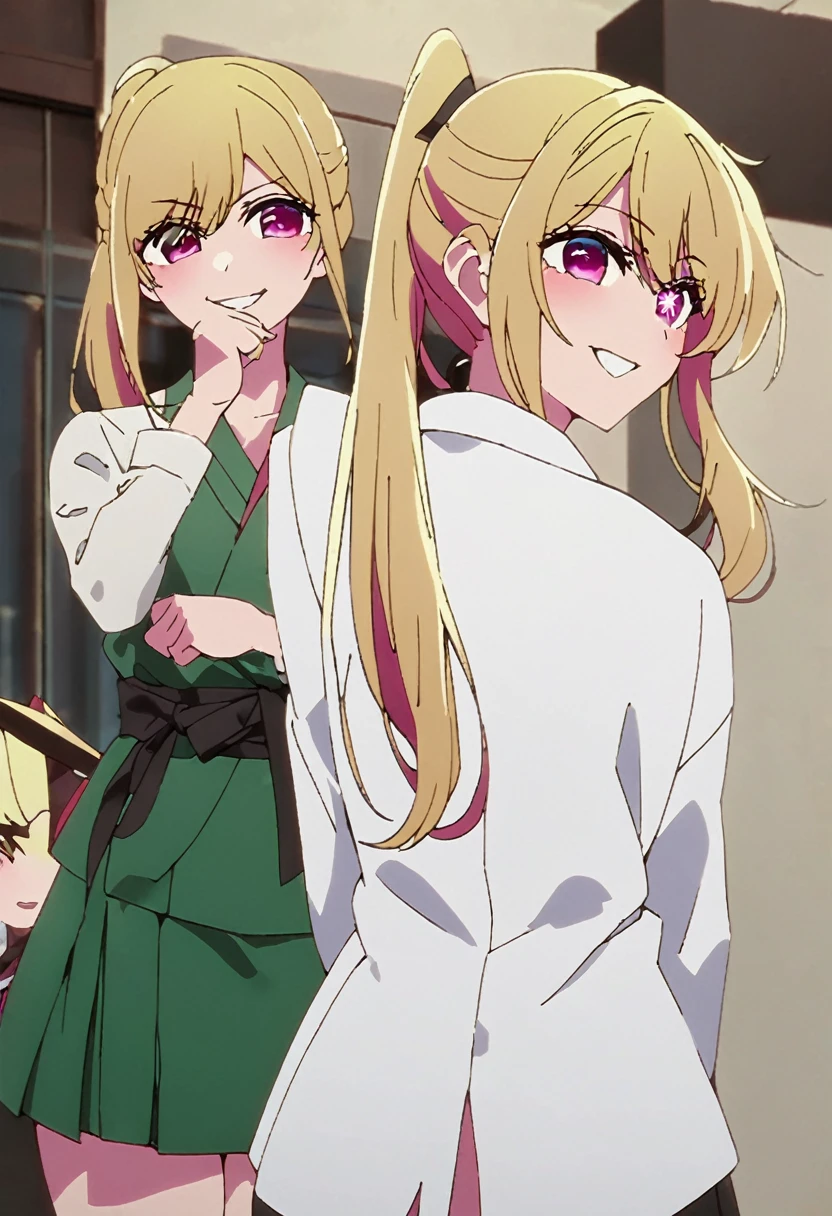 Blonde、Highest quality、high resolution、8K,Highest quality、Star-shaped pupil、The best smile、long hair、Pink Eyes、ponytail、Cowboy Shot、One person、Kyudo