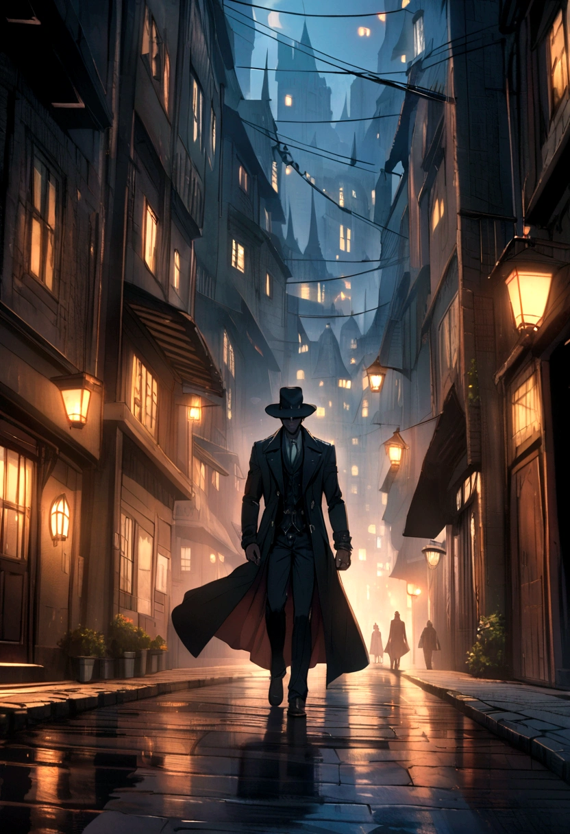 Night scene of a gothic city, with tall and dark skyscrapers. A mysterious man in an overcoat and hat walks through the streets.